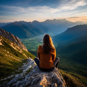 美女坐在山顶之巅冥思俯瞰风景图片